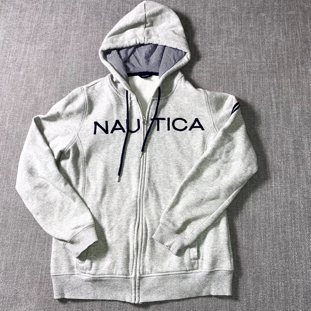 Nautica Hoodie Womens‎ Medium Heathered Gray Embroidered Spellout Logo Full Zip
